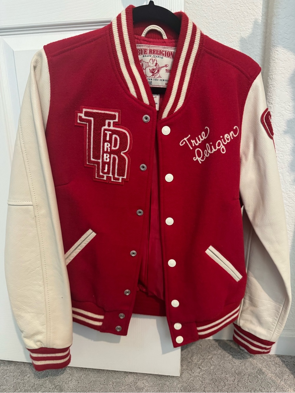 True Religion Women’s/ Men Red and White Varsity Jacket